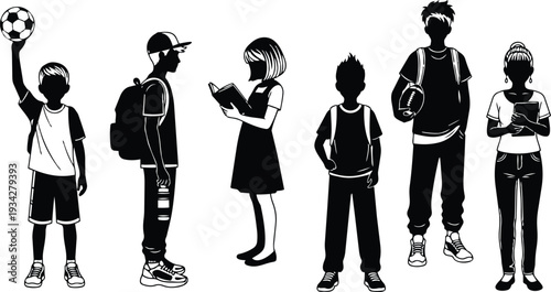 Minimalist vector art close up and full length school children holding soccer ball and football reading book and using tablet standing in a row profile