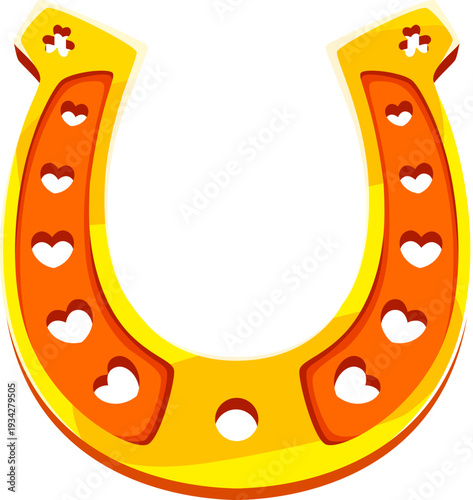 Golden lucky horseshoe, happy St Patrick's day horse shoe symbol with heart shaped holes. Cartoon vector traditional horseshoe festive icon, fortune talisman or charm for Irish holiday celebration