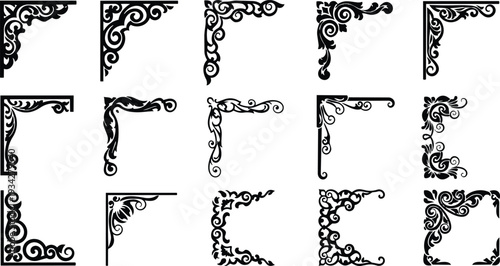 Ornate vector art close up decorative filigree corner set showing multiple black floral frames viewed from top right angle on white background isolated elegant variations