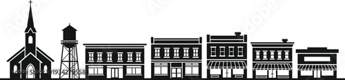 Small Town Main Street Skyline Silhouette Vector Illustration with Church and Water Tower, Historic Downtown Buildings Storefronts Isolated on White Background