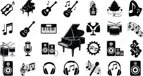 Vector art flat music icon set close up assorted instruments headphones speakers piano guitar drums microphone keyboard arranged on white background high contrast black silhouettes minimalist