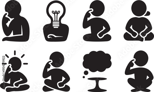 Collection of creative thinking and idea generation silhouette icons isolated