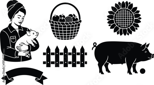 Minimalist farm vector set close up woman holding piglet looking down basket of apples sunflower side view pig standing fence emblem ribbon flat design black silhouette
