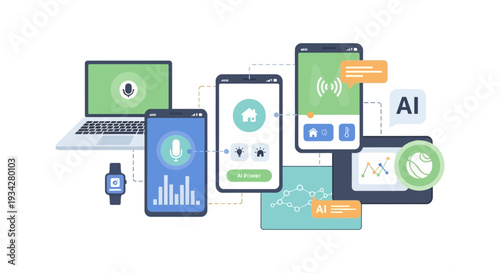 Artificial Intelligence (AI) and Smart Device Connectivity. IoT Ecosystem, Voice Assistant, and Home Automation Technology Vector.