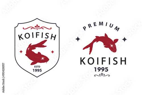 Vintage style koi fish silhouette badge and logo vector set, traditional Japanese aesthetics and heritage branding design isolated on white background