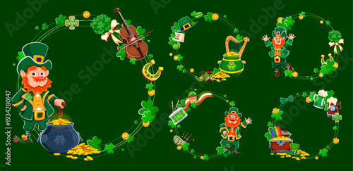 St Patrick's Day festive frames with leprechaun and shamrock clovers, cartoon vector. Irish holiday frames with lucky horseshoe, green beer mug and Ireland flag with rainbow for Saint Patrick greeting