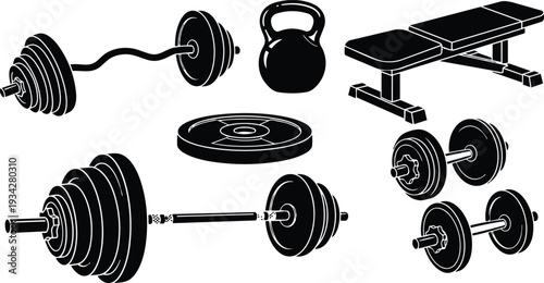 Minimalist vector art front view set of gym weights including loaded barbell dumbbells kettlebell bench weight plate arranged in bold black silhouette composition isolated icons set