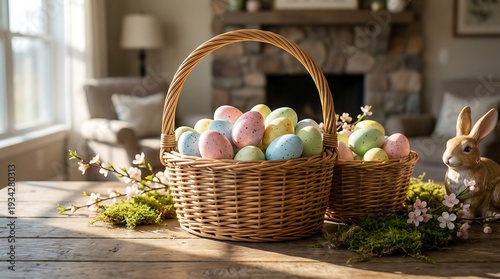 Wallpaper Mural Pastel colored Easter eggs arranged in a woven basket on wooden table Torontodigital.ca