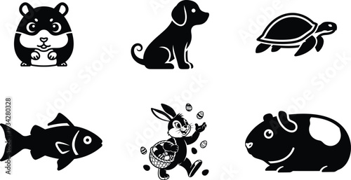 Black silhouettes of various cute animals  hamster dog turtle fish rabbit guinea pig
