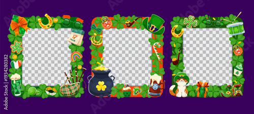 Happy St Patrick's day holiday kids photo frames. Vector set with festive Irish cartoon shamrock clover, leprechaun characters, cute cat, green beer mugs, gold pot, rainbow, gifts and lucky symbols