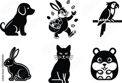 Black silhouettes of various cute animals on white background