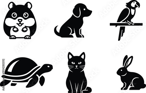 black silhouettes of various cute animals on white background