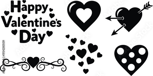 Minimalist icon set flat design smiling heart icons with arrows polka dot cluster and valentines day lettering top view black silhouette ornamental divider scroll decorative hearts