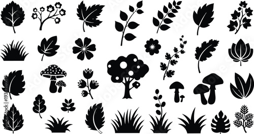Minimalist vector art close up grid of leaf mushroom and grass icons arranged in rows black silhouettes on white background flat design simple botanical set collection