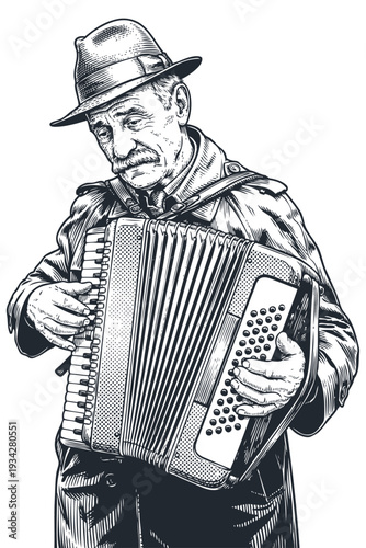 Vector engraving illustration of a senior man in a hat playing the accordion. Vintage musician character isolated on white background.