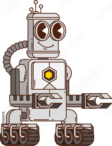 Cartoon groovy robot character with tracked base, claw arms and friendly face. Vector comic mechanical droid personage with antenna, big expressive eyes and funky y2k retro vibe. Futuristic cyborg toy