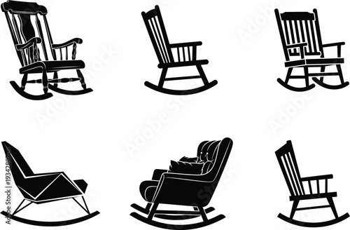Collection of various rocking chairs in silhouette on white background