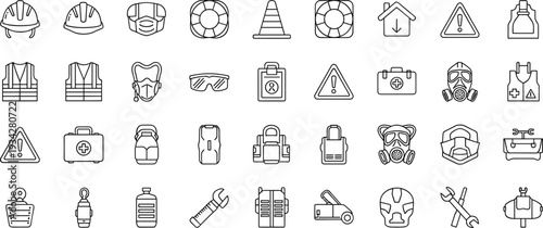 Construction safety line icons set, protective equipment helmet mask vest toolbox warning sign vector outline collection isolated