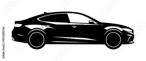 Black car silhouette, modern vehicle icon, side view illustration, automotive graphic