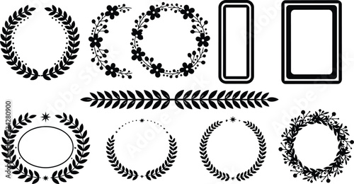 Minimalist vector laurel wreath set with floral frames and rectangular badge frames arranged in two rows isolated black silhouettes for monogram design top view close up
