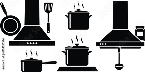 Minimalist kitchen vector showing range hood close up with frying pan spatula pots steaming ladle and spice jar flat design mockup black silhouette top view illustration