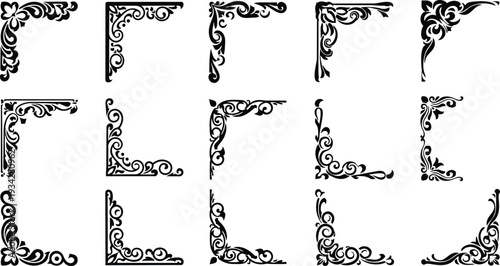 Vintage ornamental corner flourishes vector set close up black filigree elements arranged in grid for frame border design decorative ornate elegant hand drawn scrollwork stylized illustration