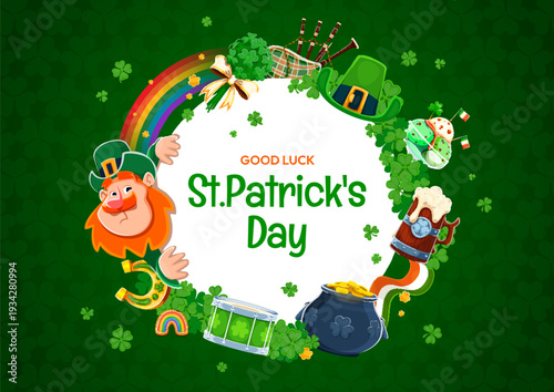 St Patrick's Day round banner with frame of shamrock clovers for Irish holiday, vector greeting card. Funny leprechaun character with Ireland flag, rainbow and bagpipes for Saint Patrick banner