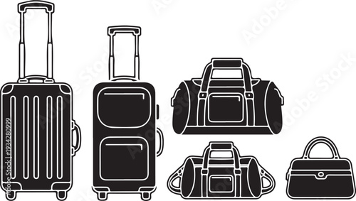 Black and white illustration of various travel bags and luggage