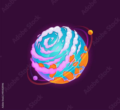Cartoon alien planet with ice clouds and fiery magma surface floating in space. Colorful sci fi cosmic sphere with glowing orbital rings. Fantasy space vector game asset, extraterrestrial Galaxy world