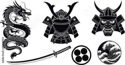 Black silhouette samurai helmet mask katana dragon wave emblem set japanese crest mon in bold flat vector art composition top view isolated ornate scales close up