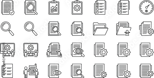 Business data analysis icons set with documents, charts, folders, teamwork, performance, collaboration, system settings