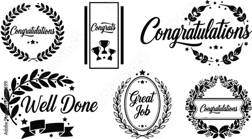 Minimalist black laurel wreath badges with congratulations and well done lettering various frames trophy icon close up stacked layout celebration ribbon elegant oval round vintage seal