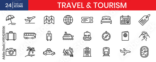 Travel Tourism Thin Line Icon Set