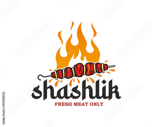 Shashlik meat food restaurant icon or emblem. Grill shashlik symbol, grilled barbeque meal vector emblem. Skewer kebab restaurant badge with meat peaces on skewer, arab font typography and fire