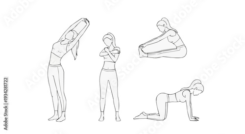 Set of diverse line art illustrations depicting a woman engaging in various stretching and yoga exercises to promote fitness, flexibility, and overall well-being
