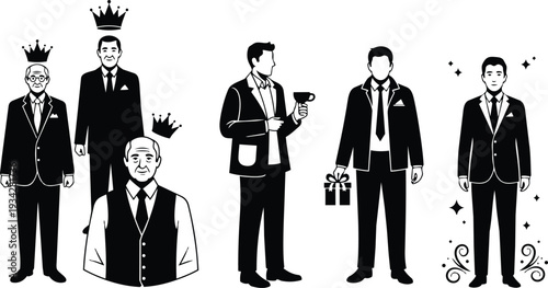Minimalist vector art five business men in suits with crowns holding cup and gift various poses front view black and white flat design close up eye contact