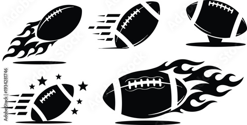 Minimalist vector art flaming american football icons in a set showing five dynamic angles with motion trails speed lines and star accents flat style emblem silhouettes