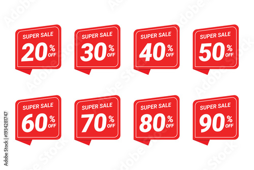 Super sale 20 to 90 percent off tag set, attract customers to a modern red tag promotion vector illustration isolated on white.
