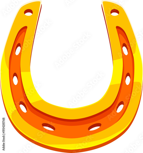 Happy St Patrick's day golden lucky horseshoe, Western cowboy horse shoe. Cartoon vector gold fortune or Wild West symbol, traditional talisman of good luck, success and prosperity in Irish folklore