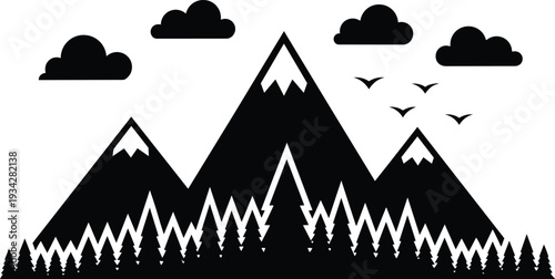 Minimalist black silhouette mountain range viewed from front with dense pine trees row clouds and birds flying above in flat vector art mockup high contrast landscape
