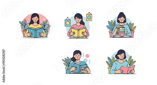 Illustrative collection of women reading books with plants, symbolizing peace, learning, and growth. Perfect for educational, lifestyle, and self-improvement themes