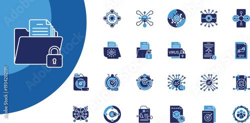 Cybersecurity and data protection icons set with folder, padlock, documents, encryption, secure sharing, network security
