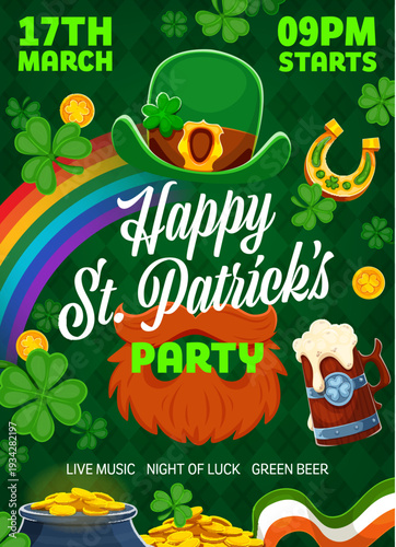 Happy St Patrick's Day night party flyer for Irish holiday event, vector invitation poster. St Patrick party flyer with leprechaun hat and mustache beard, shamrock clovers and beer with gold coins pot