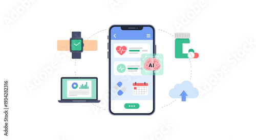 AI Healthcare Ecosystem Vector. Mobile App, Smartwatch, Cloud, and Data Analytics for Digital Wellness and Telemedicine.