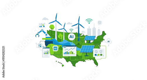 Artificial Intelligence and Green Energy Grid on US Map. Sustainable Technology, Renewable Power, and Smart Infrastructure Development in America.