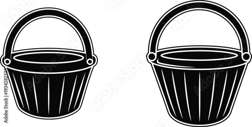 Two black buckets with handles side by side on white background