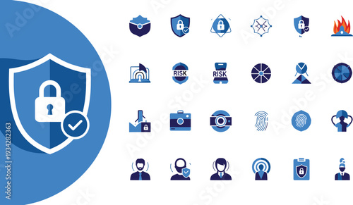Cybersecurity and data protection icons set with shields, locks, firewalls, authentication, secure messaging, risk management