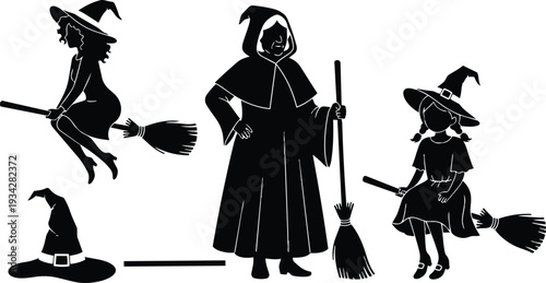 Vector art side profile witches silhouettes flying and sitting on broomsticks with standing witch holding broom in cloak hat brim curly hair girl child pigtails low