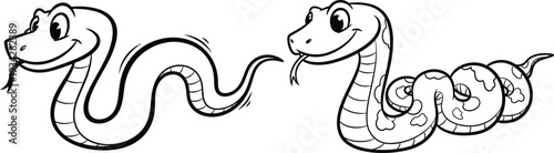 Two cartoon snakes with smiling faces and curled bodies side by side
