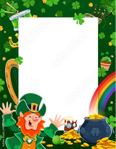 Happy St Patrick's Day poster with empty background for Irish holiday, vector greeting card. Funny leprechaun character with gold coins pot and rainbow, horseshoe and beer pint on Saint Patrick poster